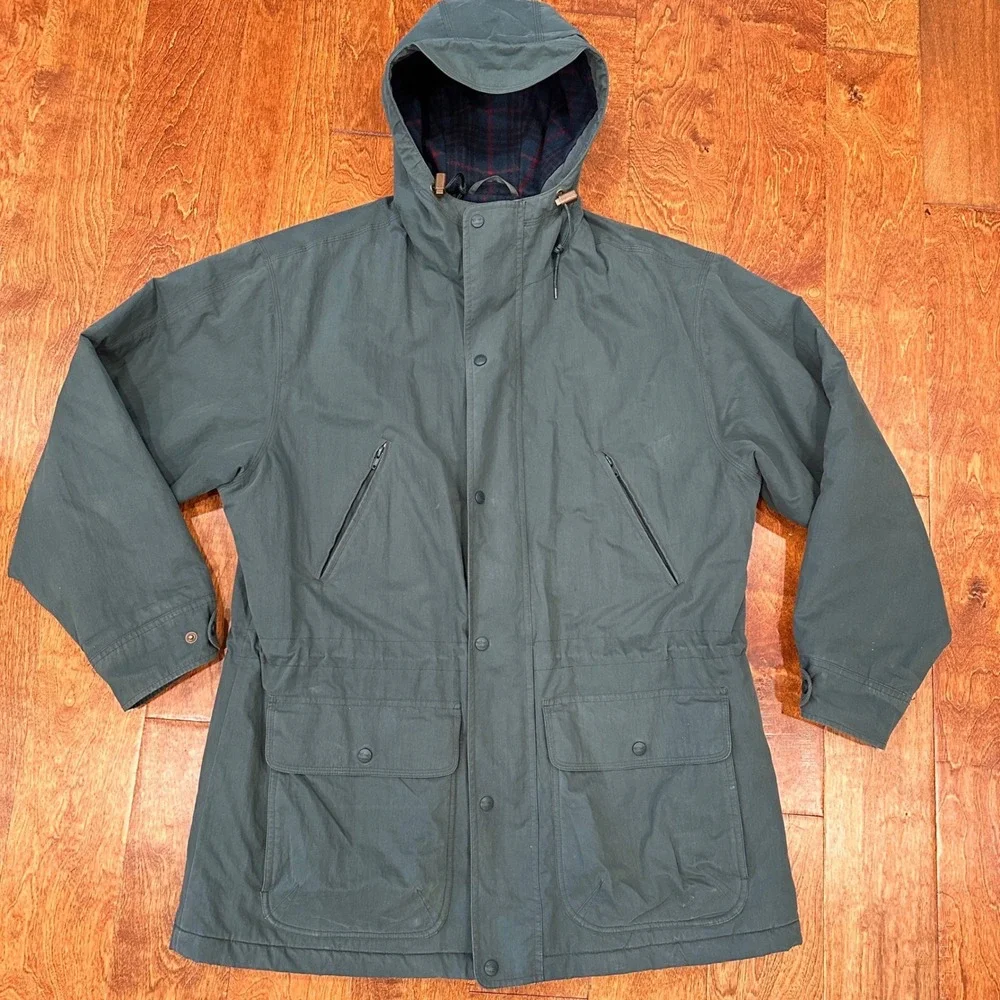 Vintage LL Bean Parka Mens L Green Wool Plaid Lined Hooded Chore Coat Jacket 90s